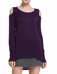 9.Firpearl Women’s Crew Neck Cold Shoulder Rib Knitted Hi-Lo Tunic Pullover Sweater